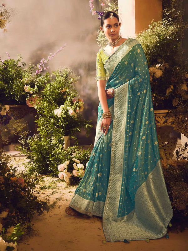 Dark Green Banarasi Silk Embroidery Weeding Saree