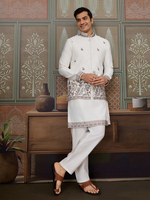 Men's White Silk Koti Kurta Set | Thread and Sequence Designer Ethnic Wear