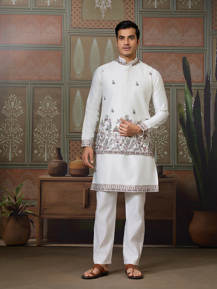 Man wearing a white embroidered kurta with a patterned wall and wooden cabinet in the background