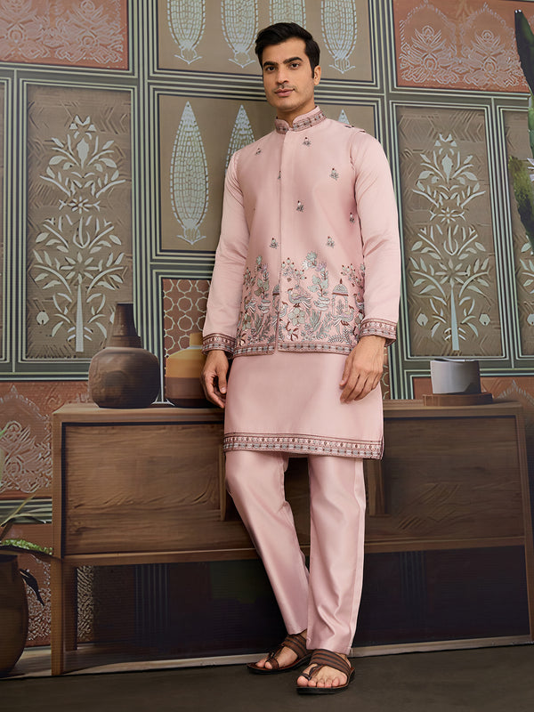 Pink Silk Koti Kurta Set for Men | Designer Thread & Sequence Work Luxury Pink Kurta Set with Embroidered Jacket | Festive & Wedding Occasion Wear