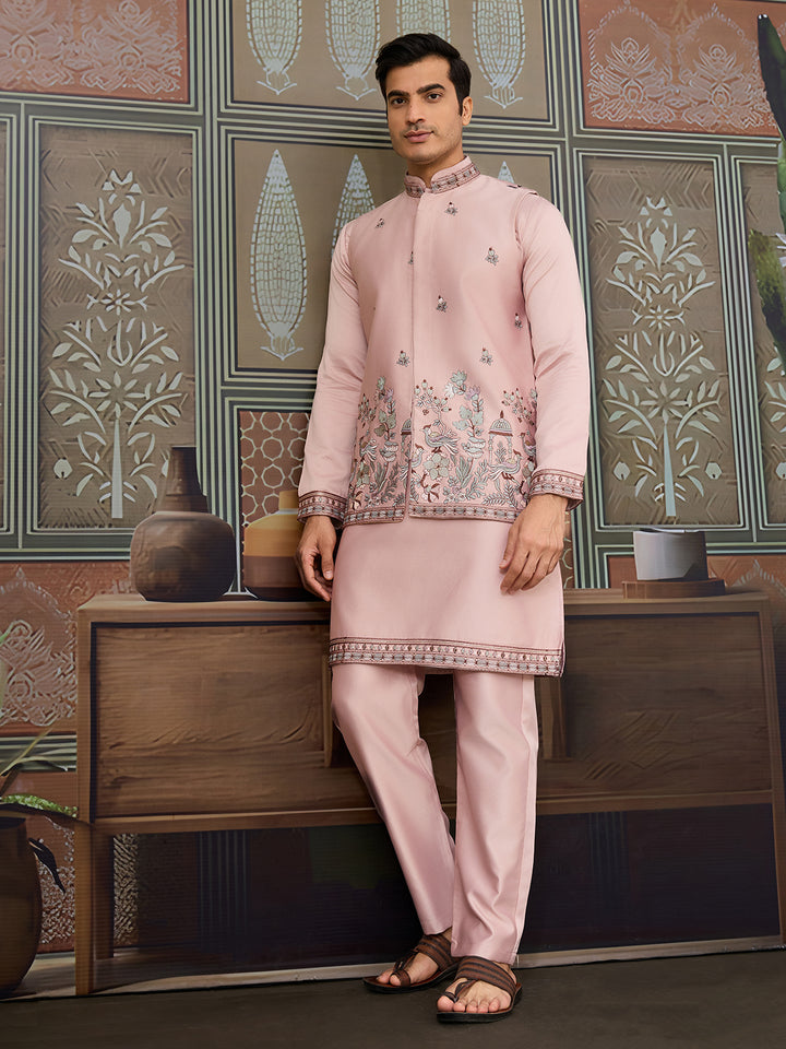 Pink Silk Koti Kurta Set for Men | Designer Thread & Sequence Work Luxury Pink Kurta Set with Embroidered Jacket | Festive & Wedding Occasion Wear