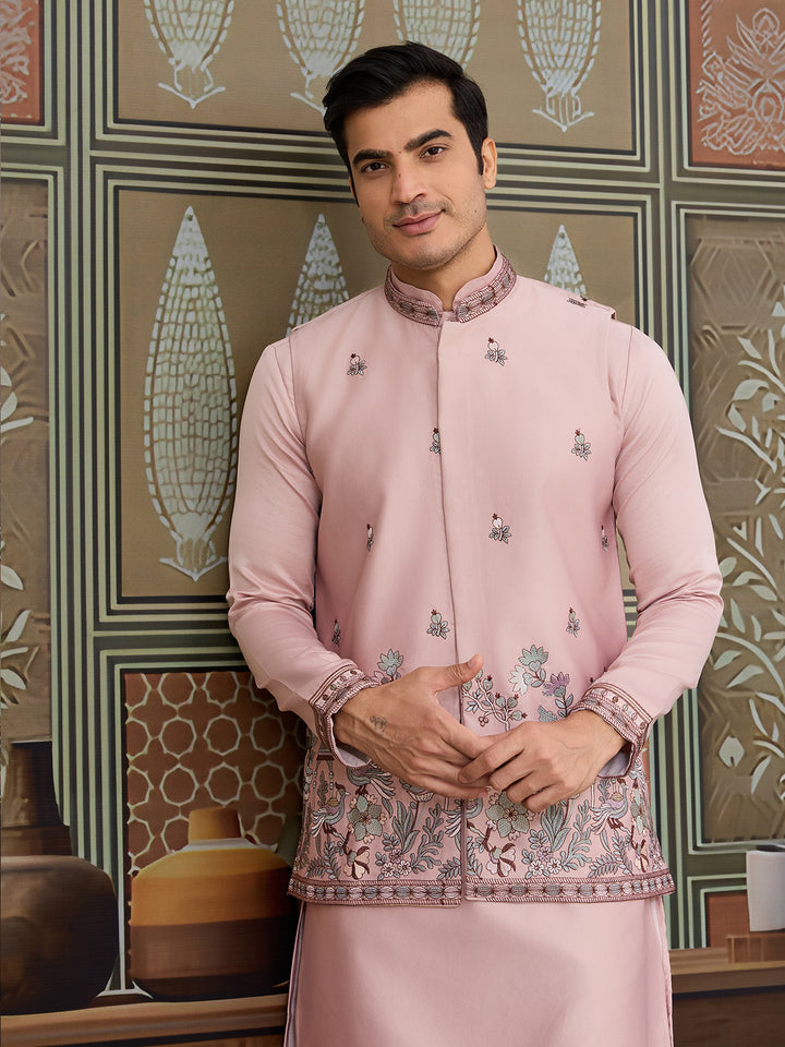 Pink Silk Koti Kurta Set for Men | Designer Thread & Sequence Work Luxury Pink Kurta Set with Embroidered Jacket | Festive & Wedding Occasion Wear