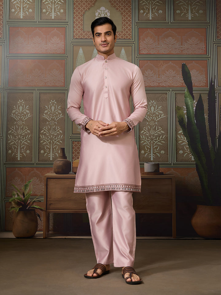 Pink Silk Koti Kurta Set for Men | Designer Thread & Sequence Work Luxury Pink Kurta Set with Embroidered Jacket | Festive & Wedding Occasion Wear