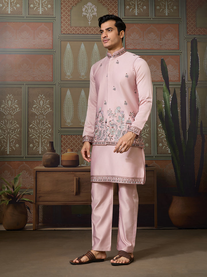 Pink Silk Koti Kurta Set for Men | Designer Thread & Sequence Work Luxury Pink Kurta Set with Embroidered Jacket | Festive & Wedding Occasion Wear