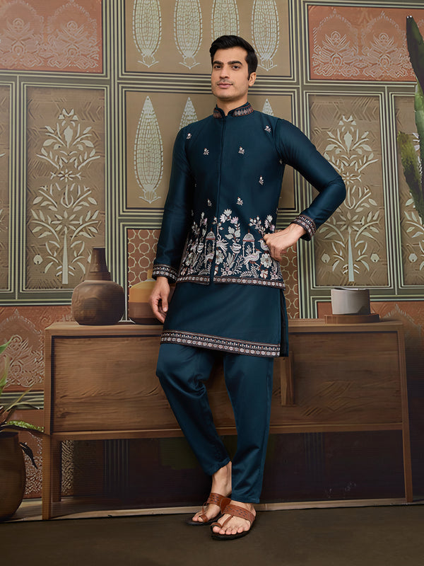 teal blue silk koti kurta set for men - designer thread sequence work