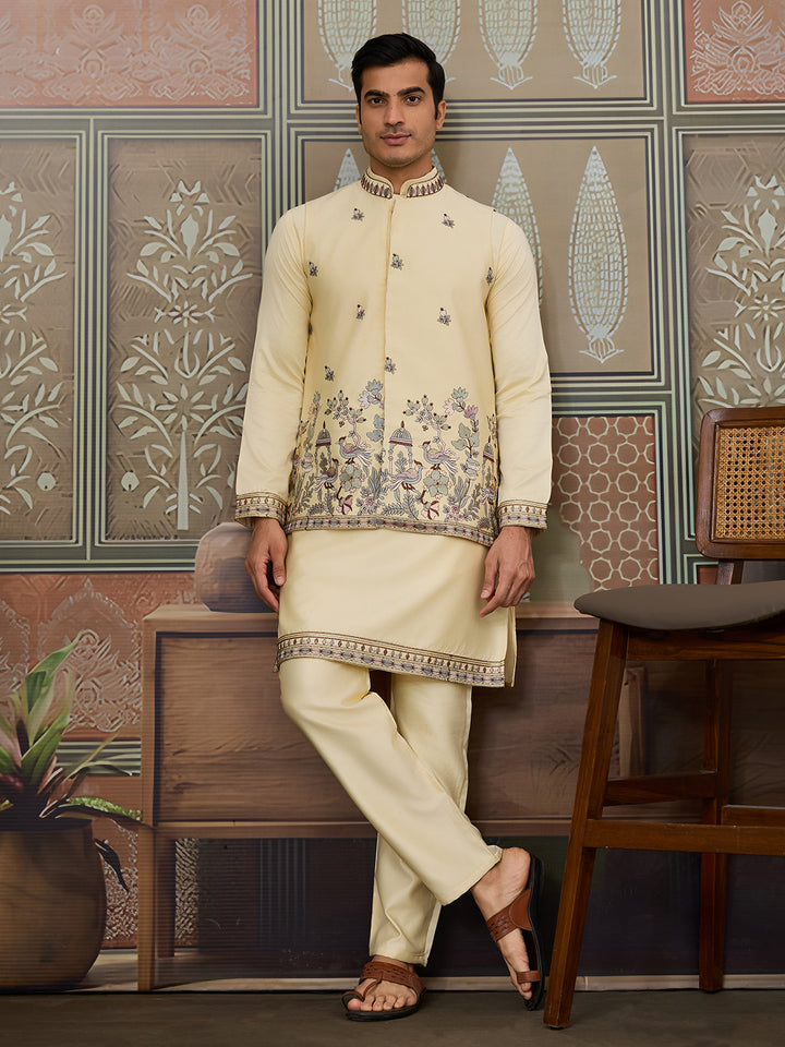 Light Yellow Silk Koti-Kurta Set for Men with Thread and Sequence Embroidery