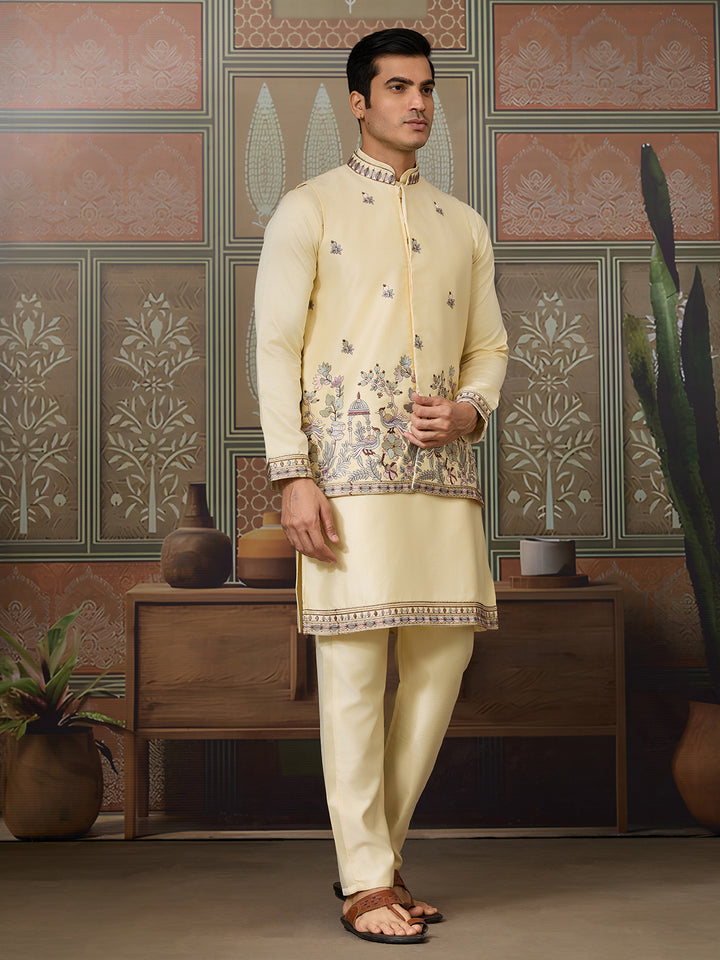 Man wearing a traditional cream kurta with intricate patterns in a decorative room.