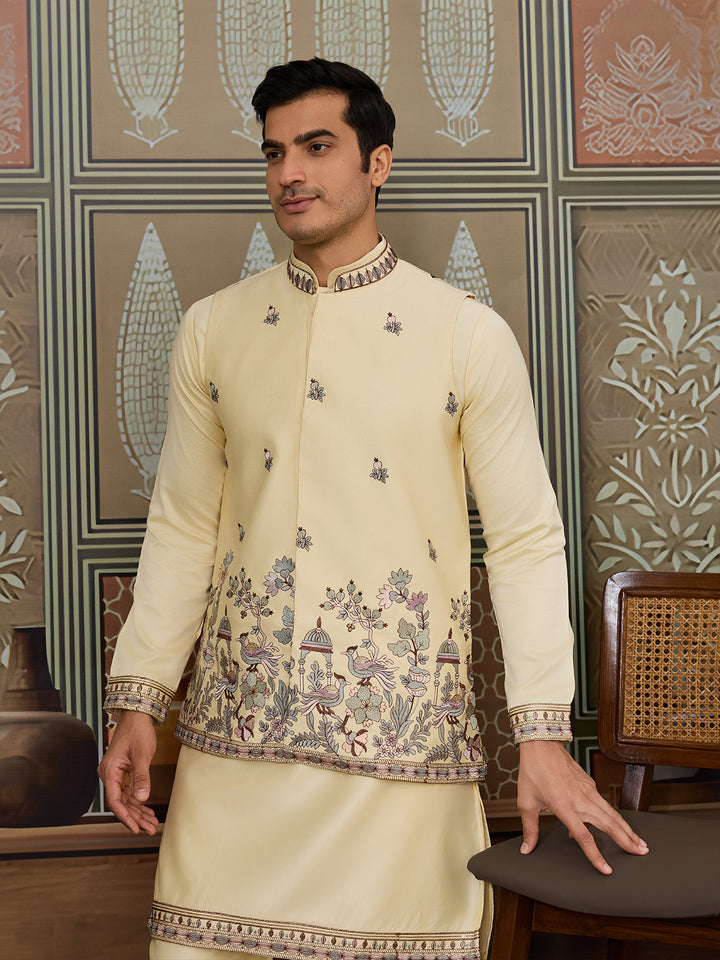 Light Yellow Silk Koti-Kurta Set for Men with Thread and Sequence Embroidery