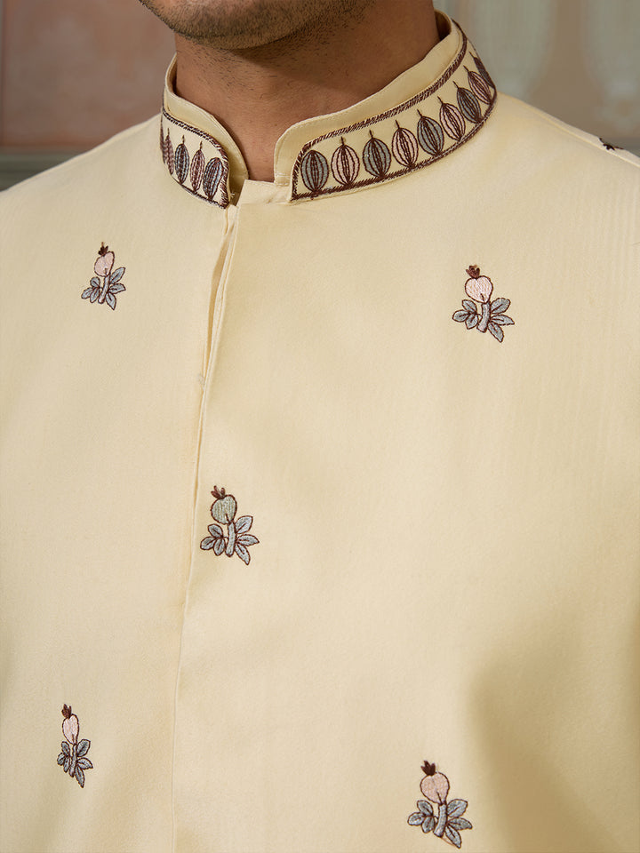Light Yellow Silk Koti-Kurta Set for Men with Thread and Sequence Embroidery