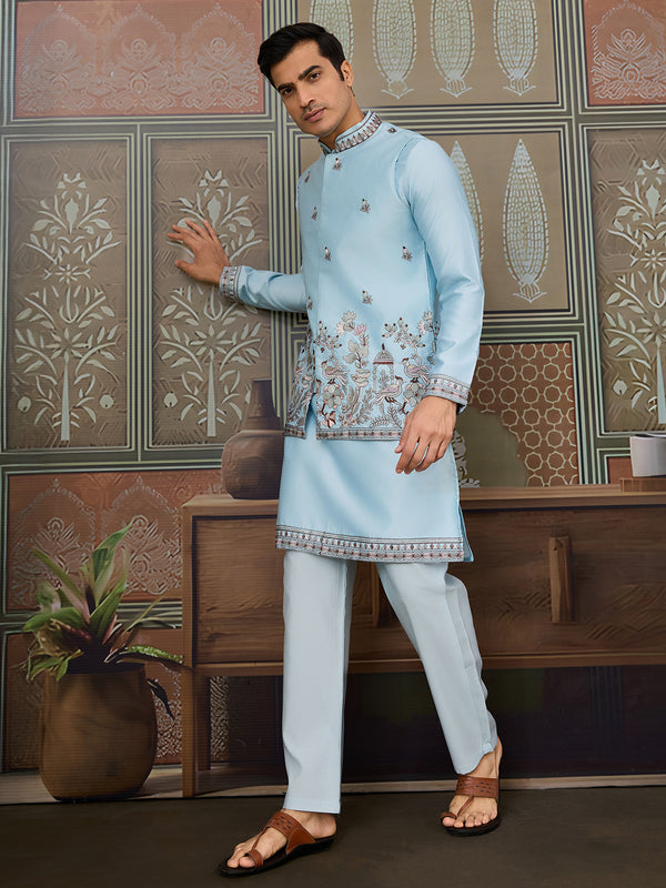 Men's Sky Blue Silk Koti Kurta Set with Thread & Sequin Embroidery
