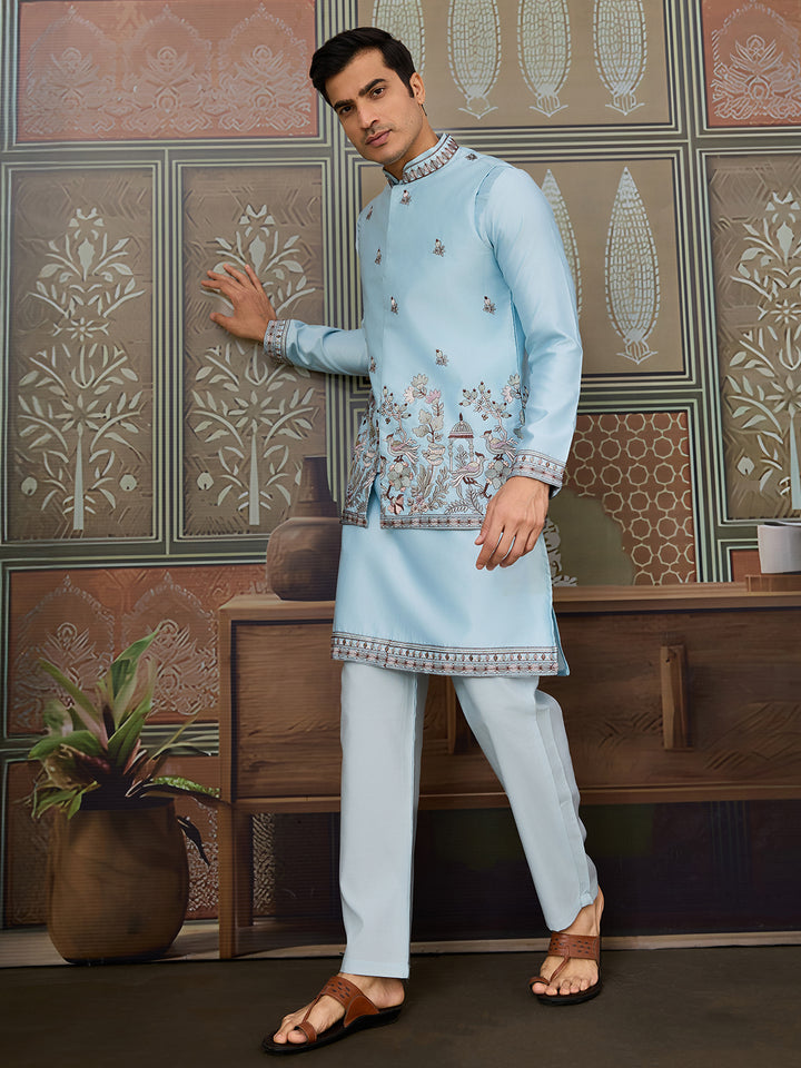 Men's Sky Blue Silk Koti Kurta Set with Thread & Sequin Embroidery