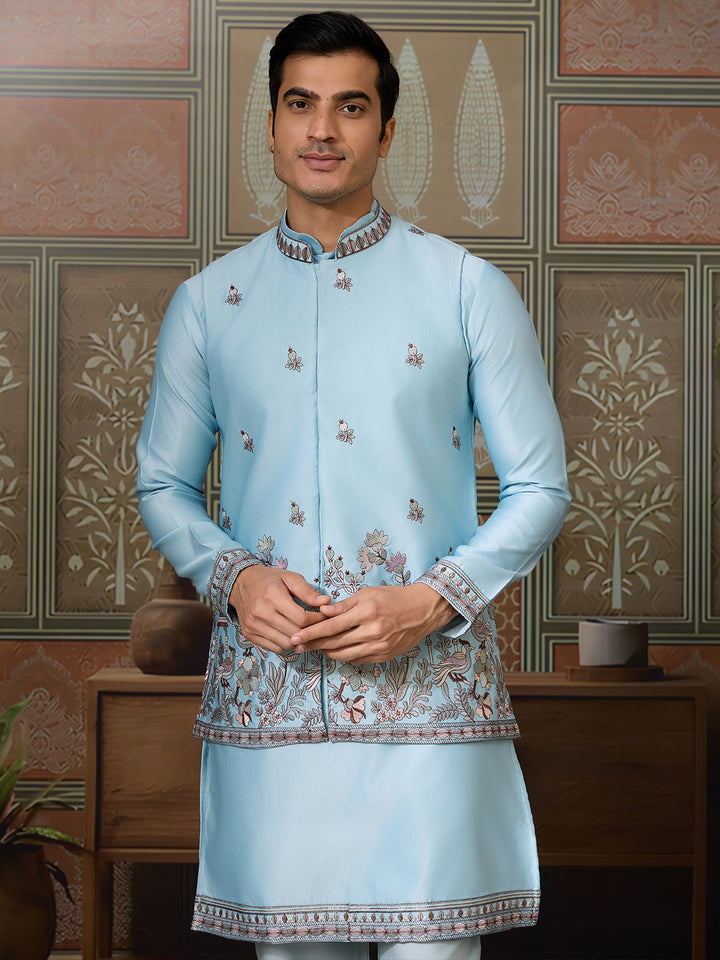 Men's Sky Blue Silk Koti Kurta Set with Thread & Sequin Embroidery