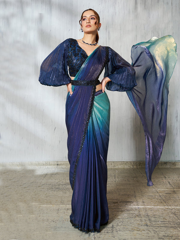 Blue Two-Tone Satin Silk Saree with Bead Embroidery & Shaded Print – Organza Silk Blouse – Occasion Wear