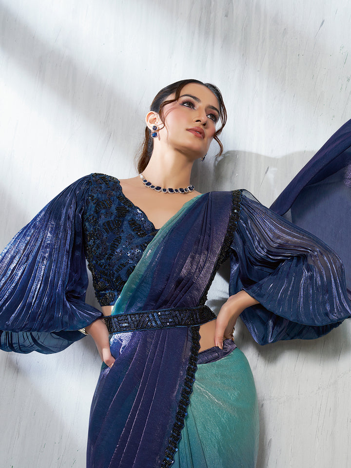 Blue Two-Tone Satin Silk Saree with Bead Embroidery & Shaded Print – Organza Silk Blouse – Occasion Wear