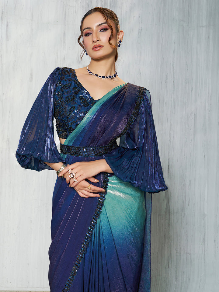 Blue Two-Tone Satin Silk Saree with Bead Embroidery & Shaded Print – Organza Silk Blouse – Occasion Wear