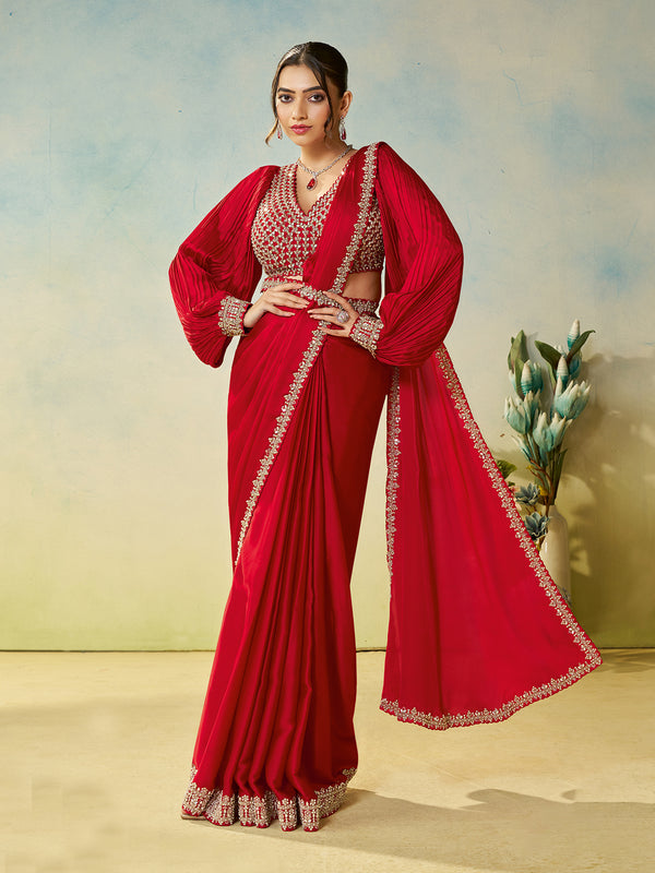 Red Satin Silk Saree with Dual Sequence, Embroidery & Mirror Handwork – Perfect Party Wear