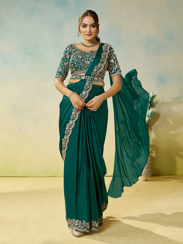 Rama Satin Silk Saree with Dual Sequence, Embroidery & Mirror Handwork