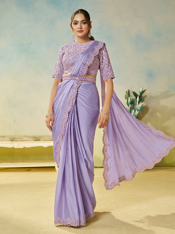 Lavender Satin Silk Saree with Hand Embroidery, Multi Stone & Designer Blouse