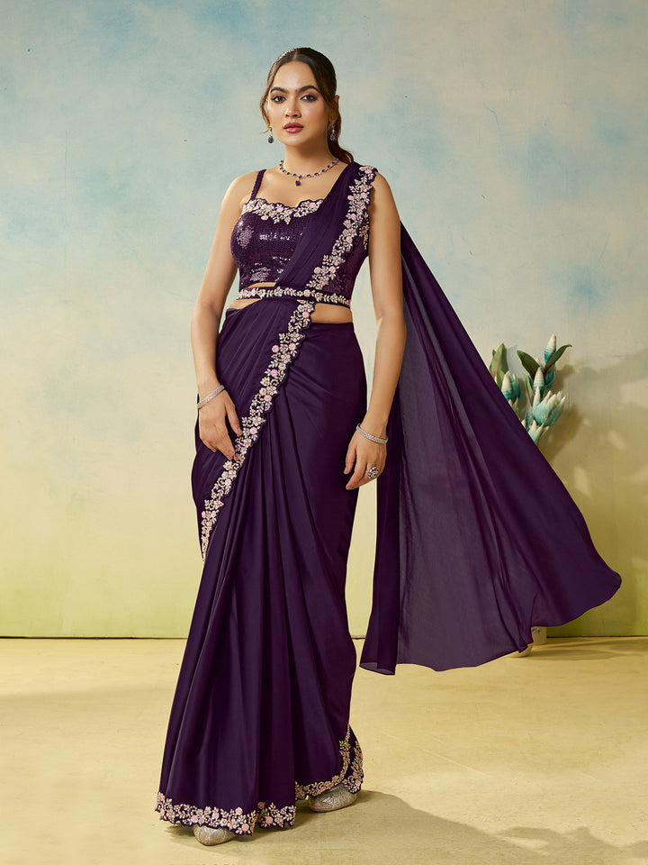 Dark Purple Satin Silk Saree with Handcrafted Code Embroidery & Multi-Stone Work