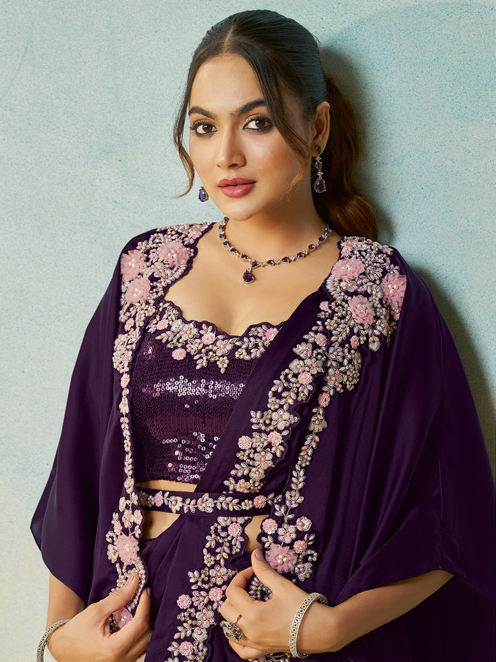 Dark Purple Satin Silk Saree with Handcrafted Code Embroidery & Multi-Stone Work