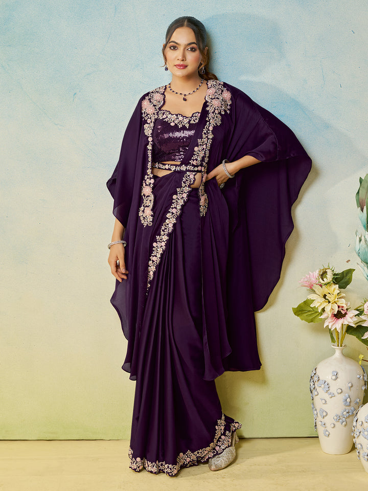 Dark Purple Satin Silk Saree with Handcrafted Code Embroidery & Multi-Stone Work