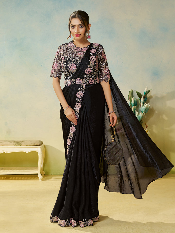 Elegant Black Two-Tone Satin Silk Saree with Dual Sequence Embroidery & Silver Stone Work