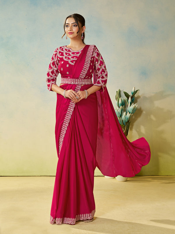 Rani Satin Silk Saree with Dual Sequence Embroidery & Silver Stone Work – Elegant Party Wear