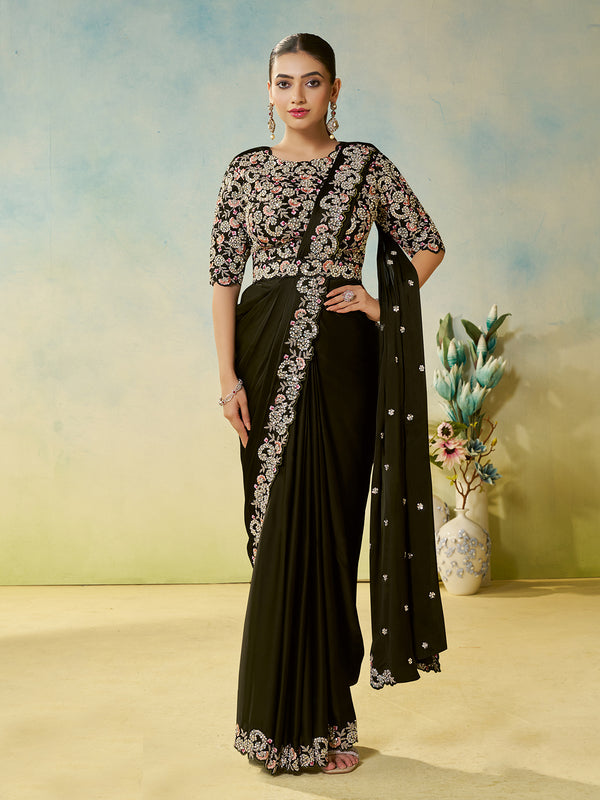 Green Satin Silk Saree with Dual Sequins, Pearl & Stone Handwork