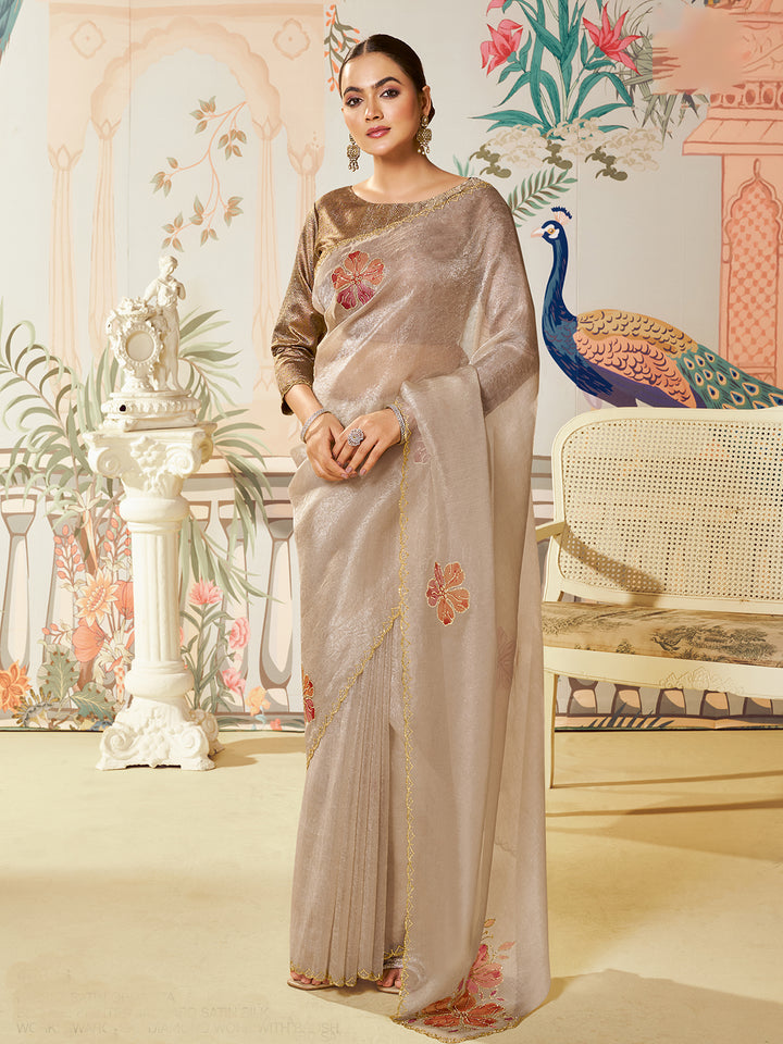 Chiku Satin Organza Silk Saree with Swarovski Diamond Work & Brush Print – Jacquard Satin Silk Blouse