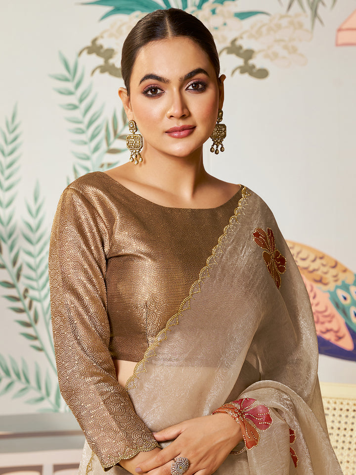 Chiku Satin Organza Silk Saree with Swarovski Diamond Work & Brush Print – Jacquard Satin Silk Blouse