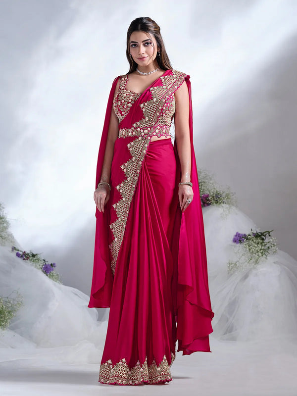 Red Crepe Satin Silk Ready Made Saree with Sequins and Moti Work