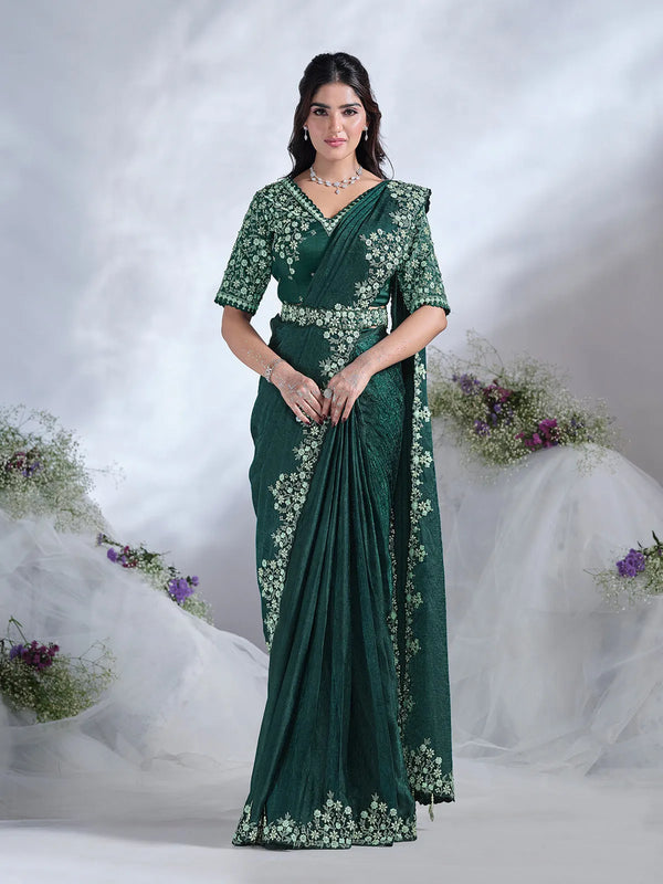 Green Designer Satin Silk Ready Made Saree with Sequins and Hand Work