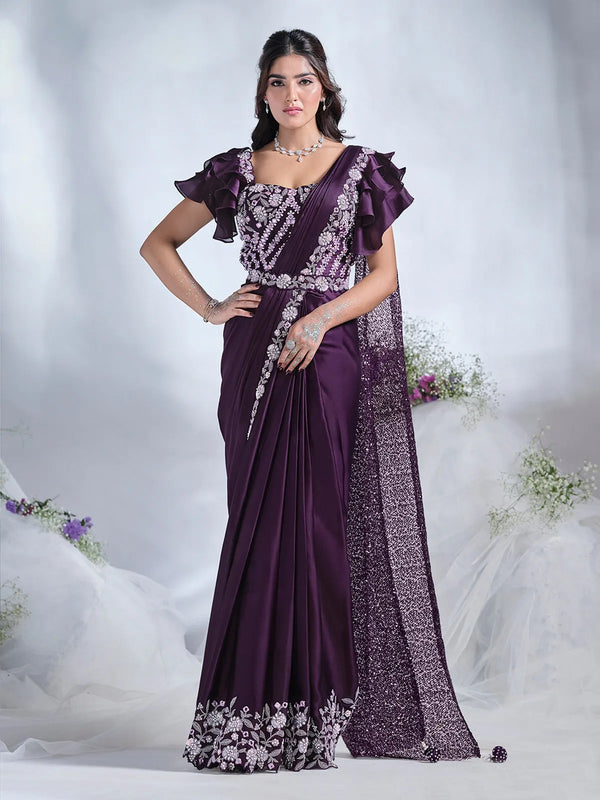 Purple Crepe Satin Silk Ready Made Saree with Mirror and Moti Work