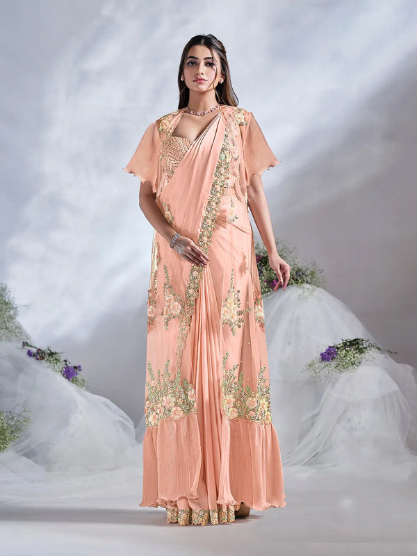 Peach Designer Satin Silk Ready Made Saree with Sequins and Hand Work