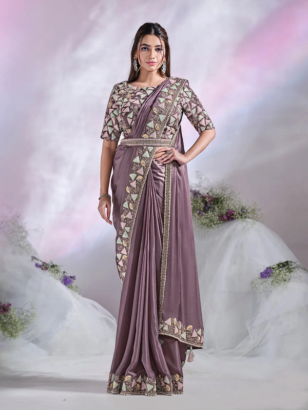 Lavender Crepe Satin Silk Ready Made Saree with Sequins and Hand Work