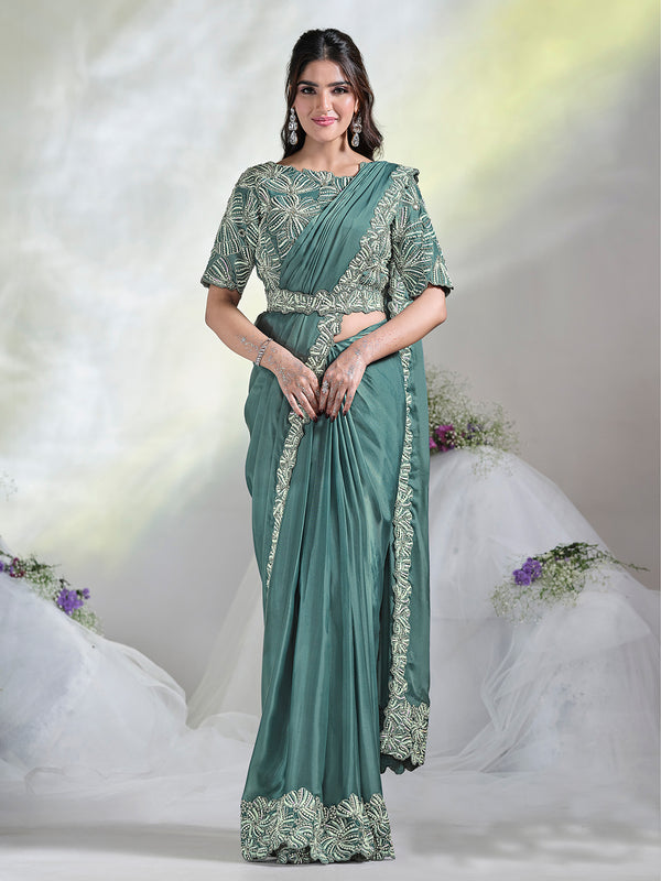 Aqua Blue Crepe Satin Silk Ready Made Saree with Sequins and Hand Work