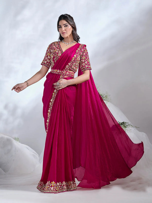 Pink Crepe Satin Silk Ready Made Saree with Mirror and Sequins Work