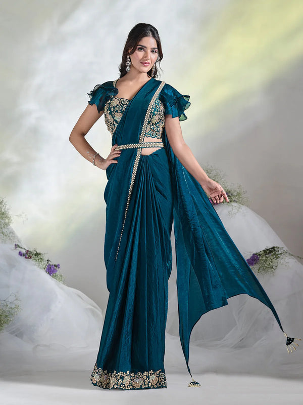 Teal Blue Satin Silk Ready Made Saree with Sequins and Moti Work