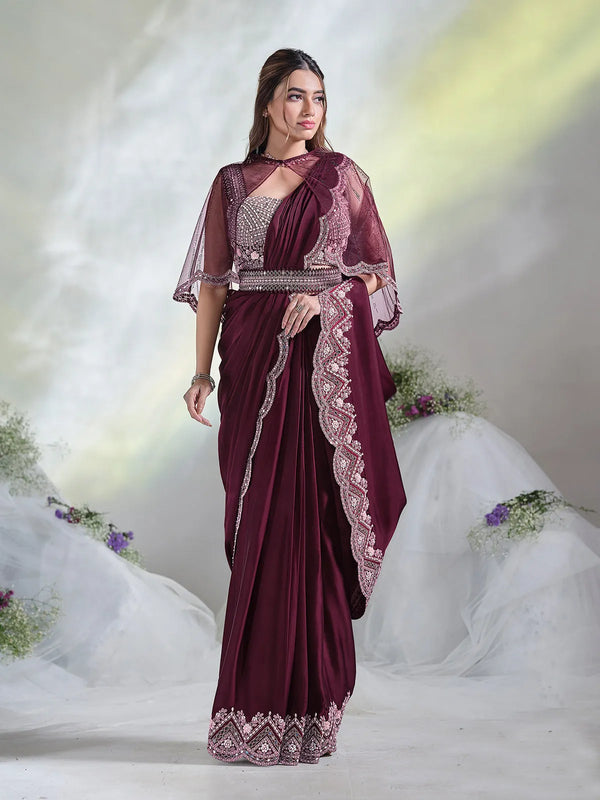 Wine Crepe Satin Silk Ready Made Saree with Mirror and Moti Work