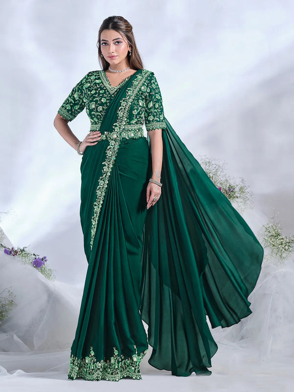 Green Crepe Satin Silk Ready Made Saree with Mirror and Zardosi Work