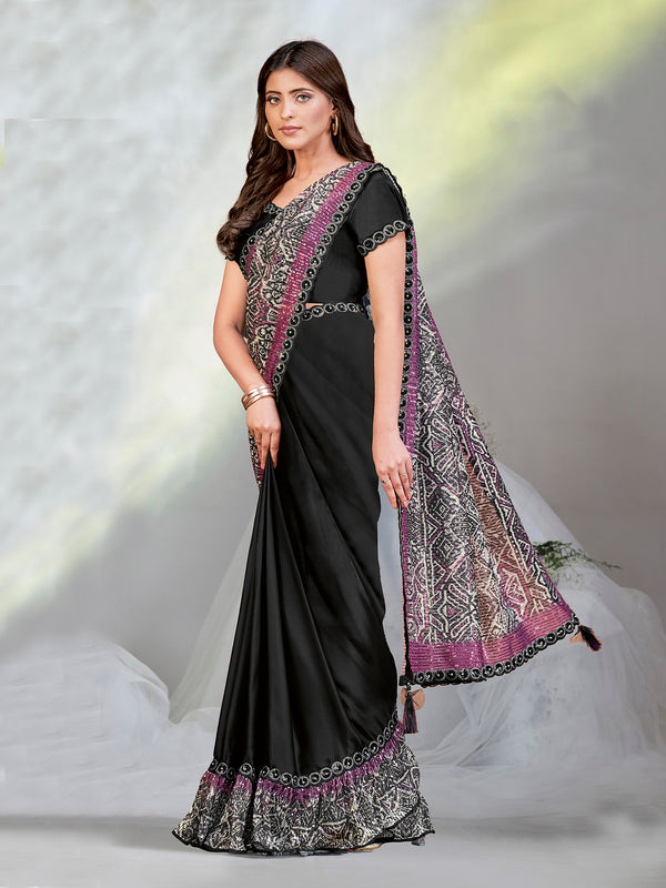 Black Crepe Satin Silk Ready Made Saree with Digital Sequence Work