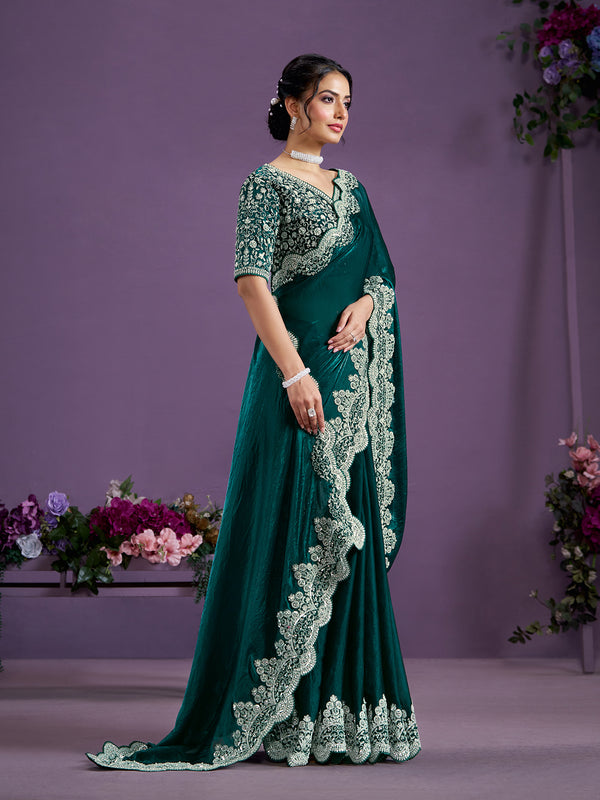 Green Satin Silk Sequence Hand Work Designer Saree