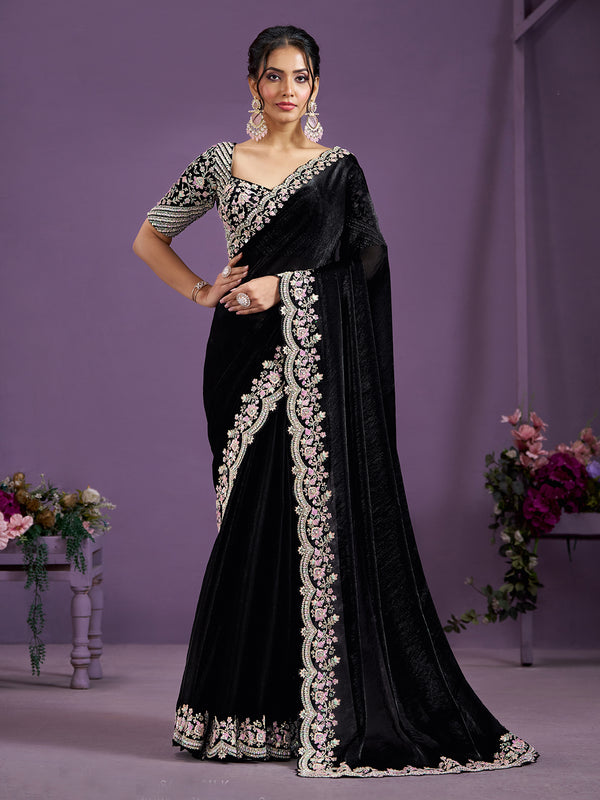 Trendy Black Satin Silk Sequence Weeding Saree