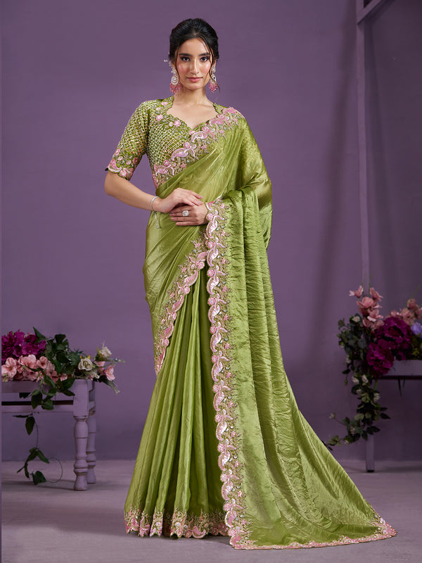 Satin Silk Liril  Saree In Sequence with Moti Work