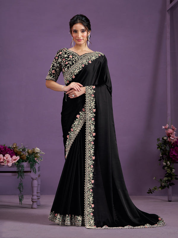 Party Wear Black Silk Saree In Mirror With Moti Work