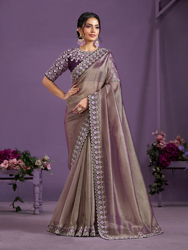 Diamond Work Purple Crush Satin Silk Party Saree