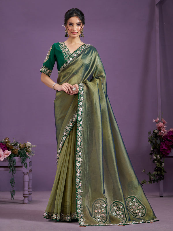 Designer Green Tissue Silk  PatchWork Saree