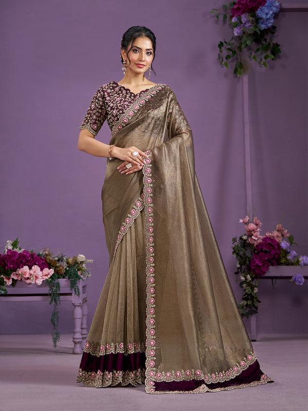 Wine Designer Banarasi  Weeding Saree In Moti work