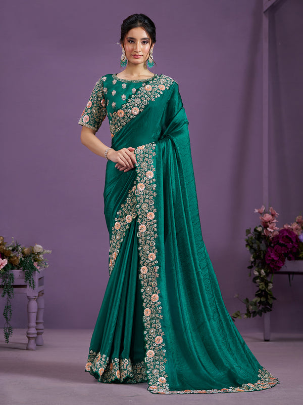 Satin Silk Rama Green Sequence with Moti Work Saree