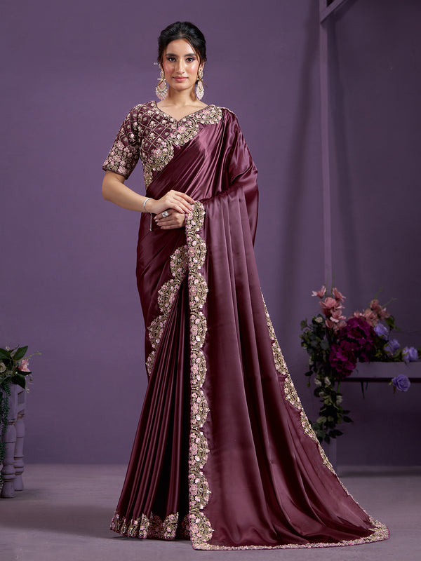 Crush Satin Silk Wine Party Saree In Sequence Hand Work